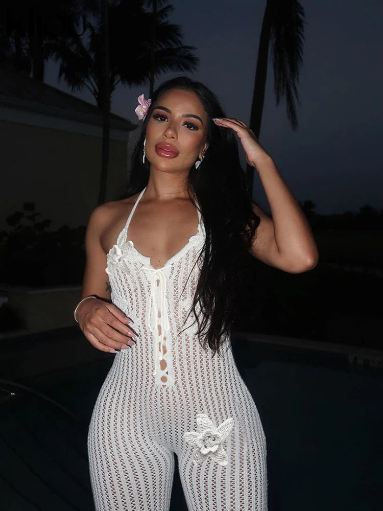 Stylish Kliou Knitted Floral Women Jumpsuit, featuring sexy pleated halter neck and trendy solid streetwear design.