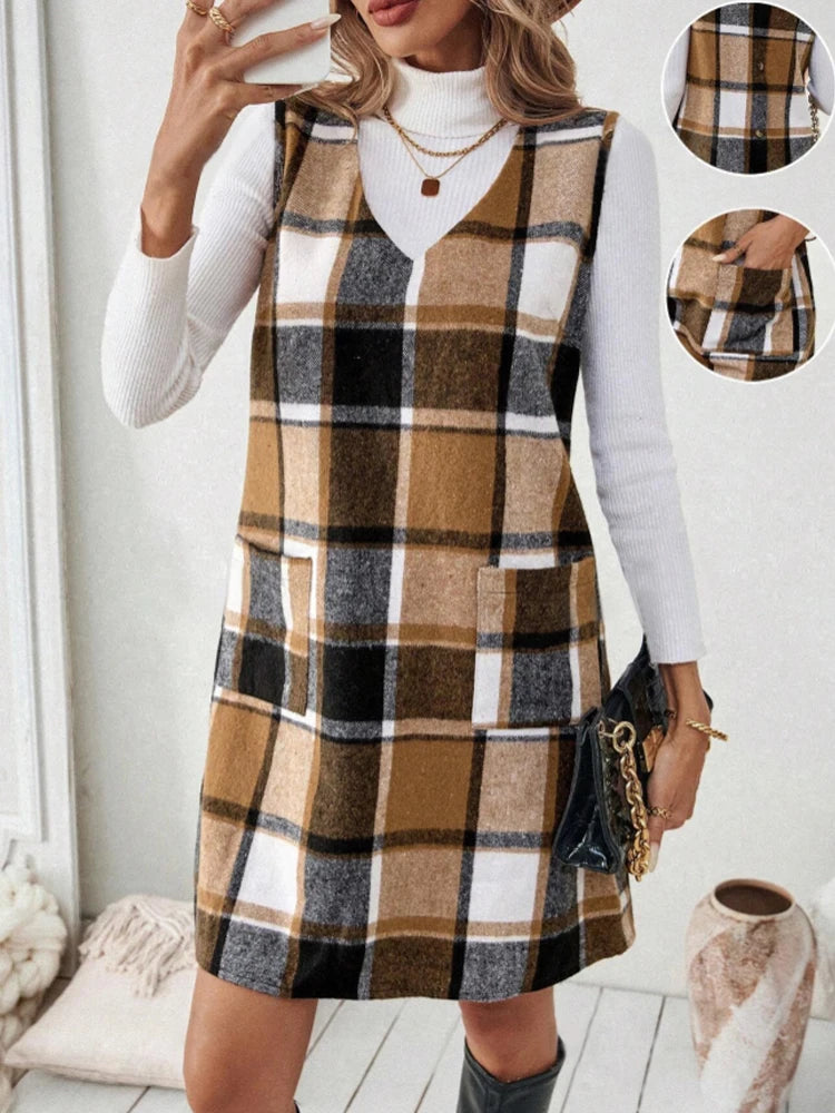 Autumn Plaid Sleeveless Dress For Women Mini Skirt Style