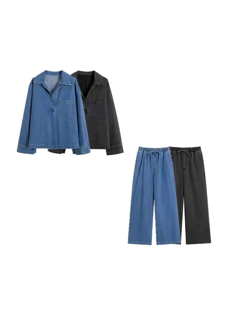 Denim Two Piece Set For Women With Pockets Loose Shirt And High Elastic Waist Drawstring Wide Leg Pants