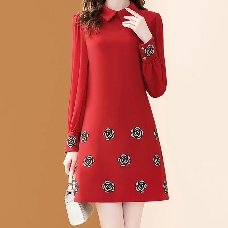 Floral Embroidery Chiffon Dress With Polo Collar For Office