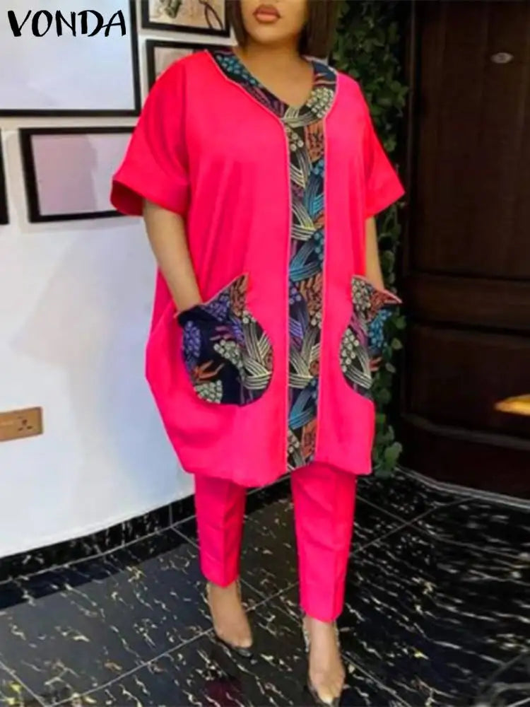 Bohemian Print Women Two Piece Set V Neck Top With Pockets Pants