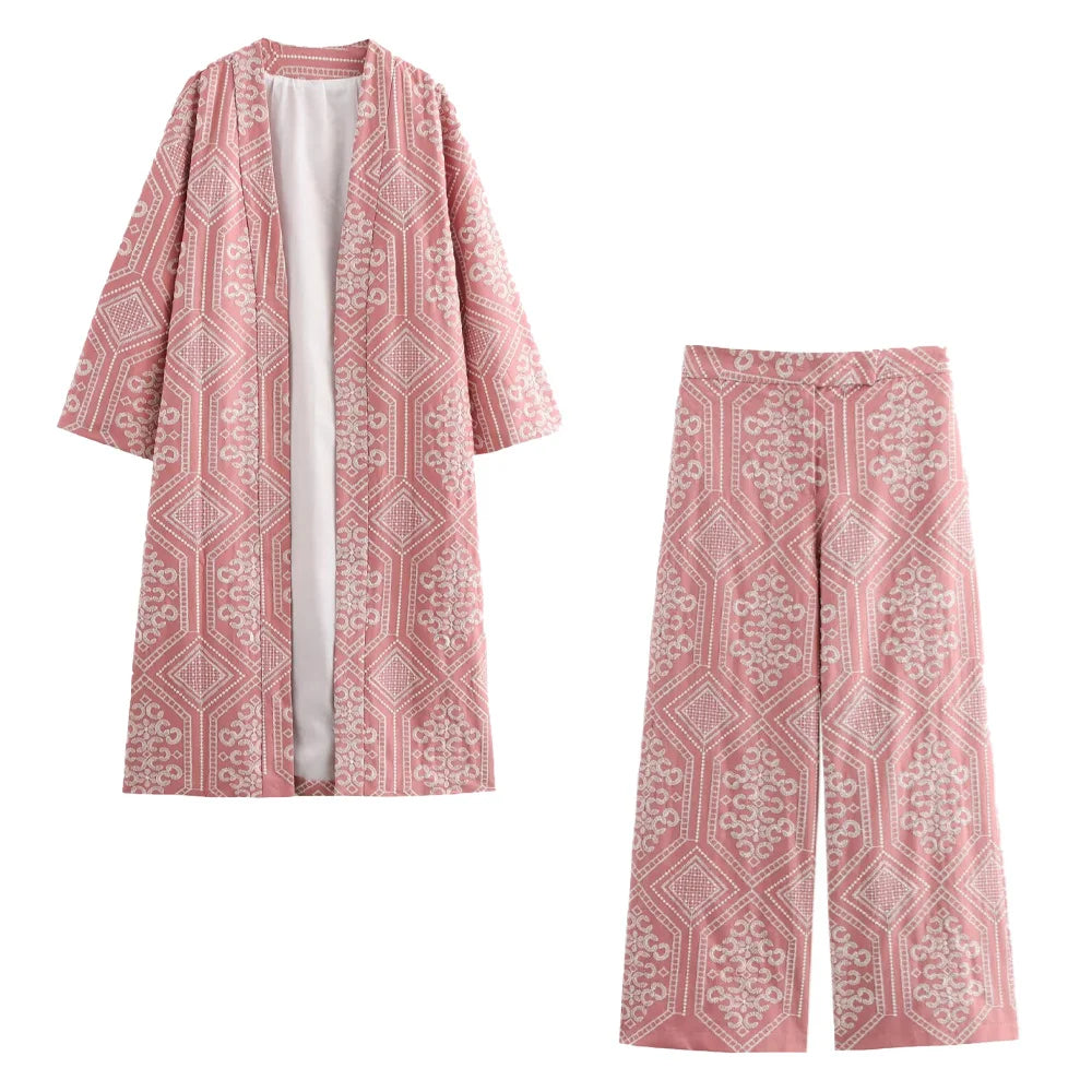 Chic V-Neck Embroidered Kimono Style Mid-Length Windbreaker and High Waisted Straight Leg Pants Set for Women, perfect for outings.
