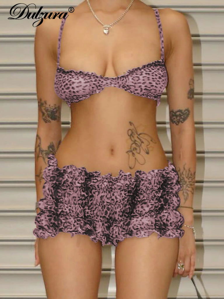 Leopard Print Two Piece Bra Top And Ruched Shorts Set For Beach Party