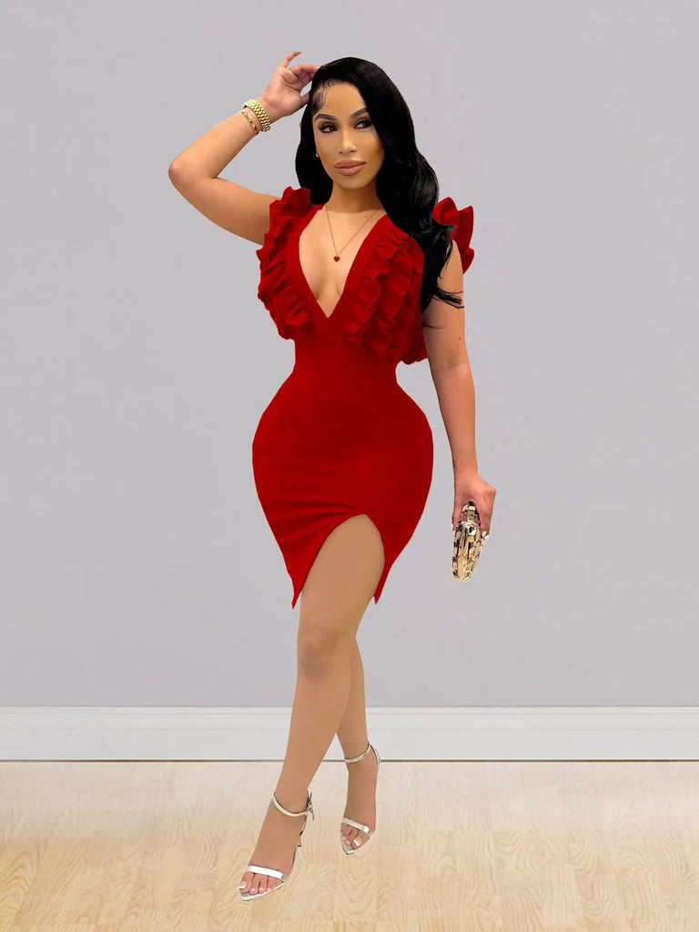 Solid Color Deep V Neck Pleated Mini Dress For Women