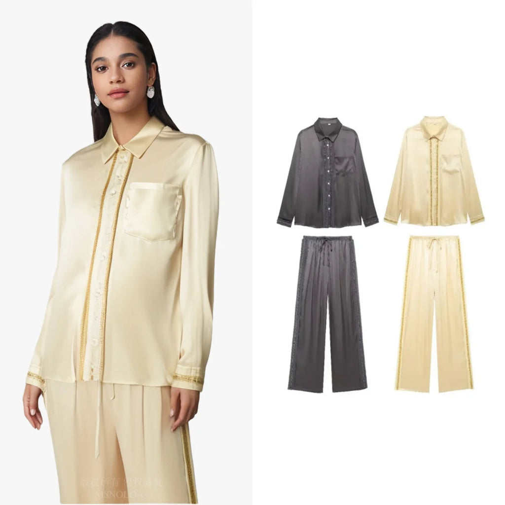 Elegant Women Beaded Single-Breasted Lapel Long Sleeve Shirt with Chic Drawstring Pleated Wide Leg Casual Pants Two-Piece Set.