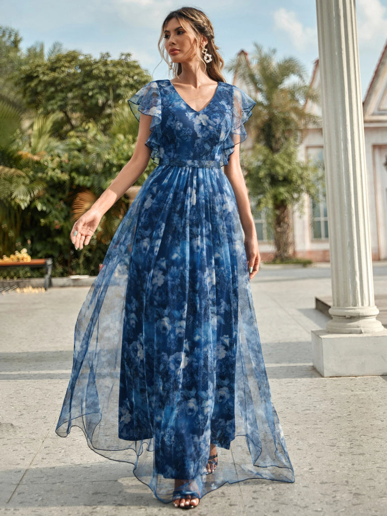 V Neck Lace Patchwork Evening Gown With Ruffled Sleeves