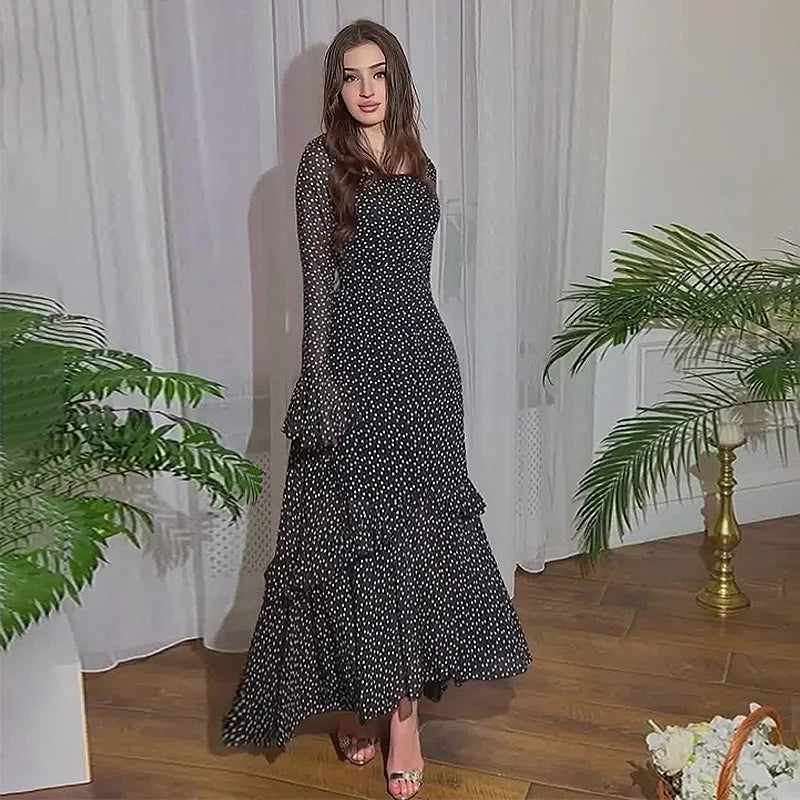 Polka Dot Chiffon Dress With Lotus Sleeve High Waist