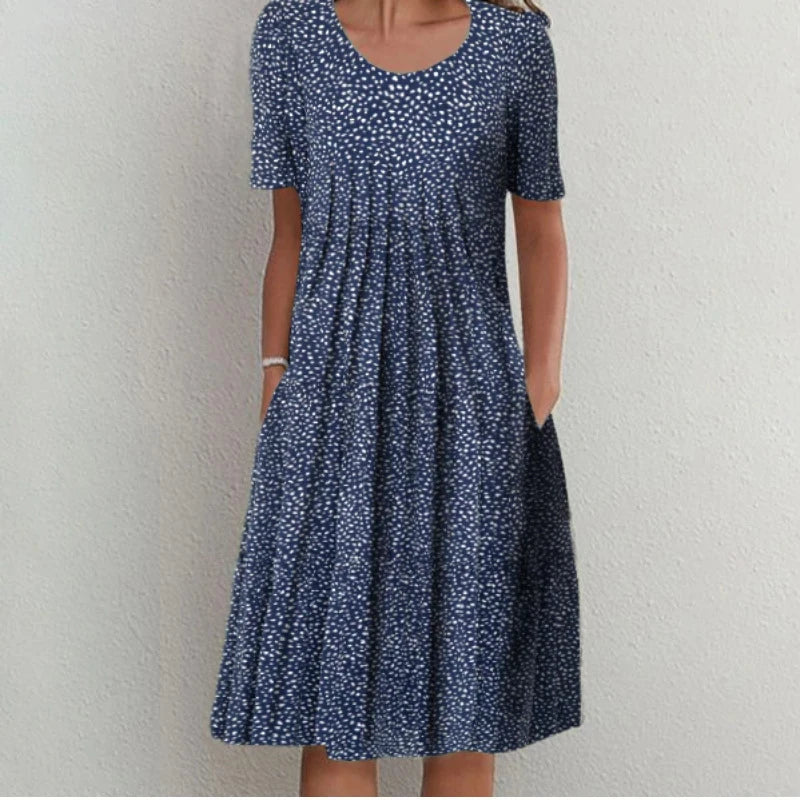 Elegant Swing Dress Round Neck Short Sleeve Printed