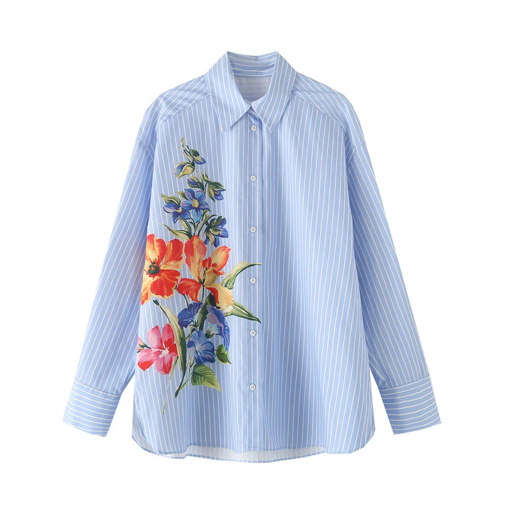 Stylish Women’s Floral Print Striped Lapel Single-Breasted Long Sleeve Shirt for Early Autumn Fashion by PB&ZA.