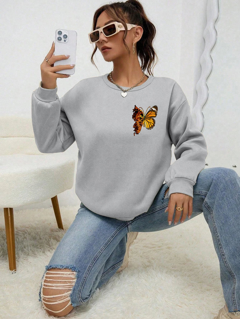 Butterfly Print Hoodie For Women Warm Fleece Casual Style