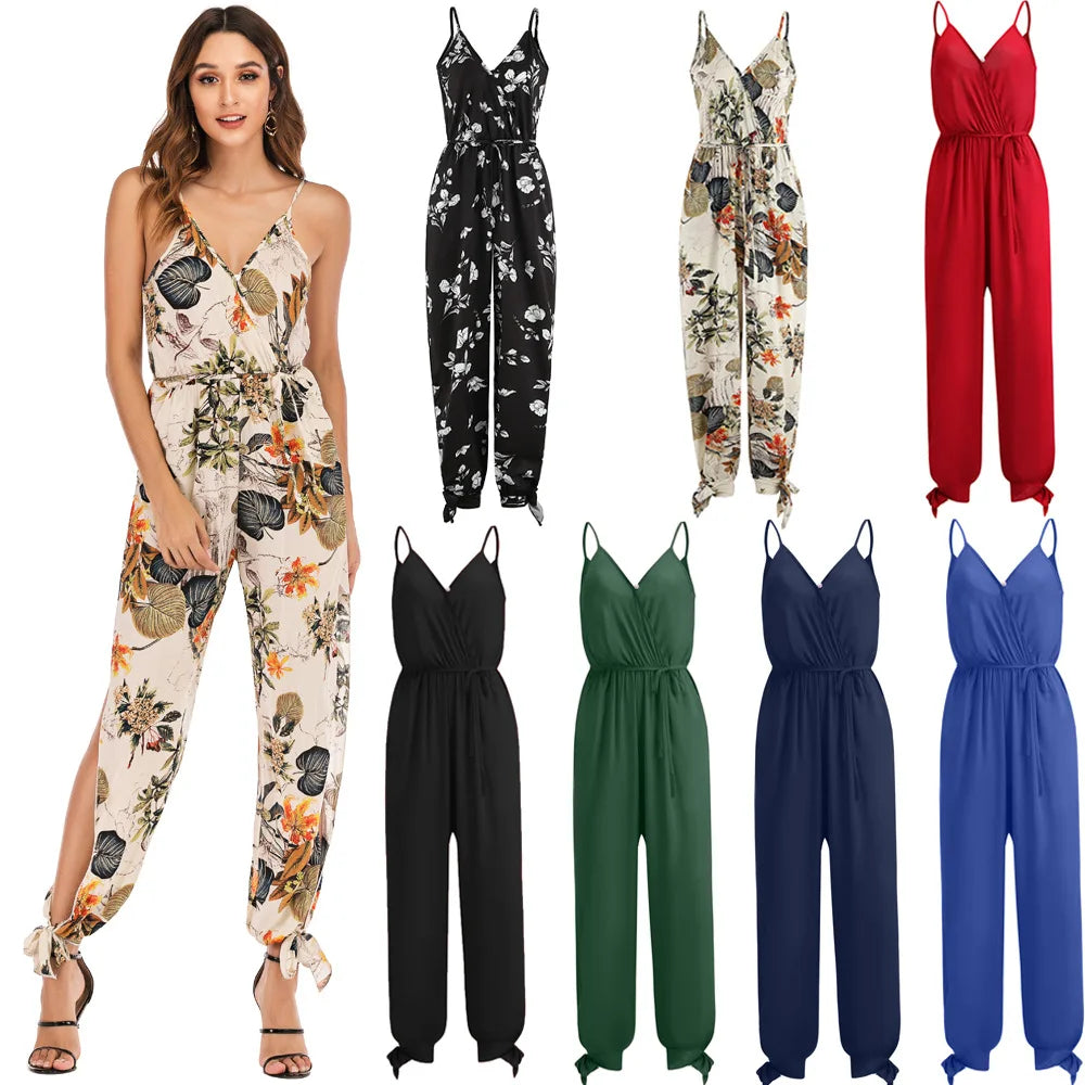 Stylish Women's Spring Summer Camisole Jumpsuit with Cross-Back Lace-Up Design and Sexy V-Neck Printed Romper.