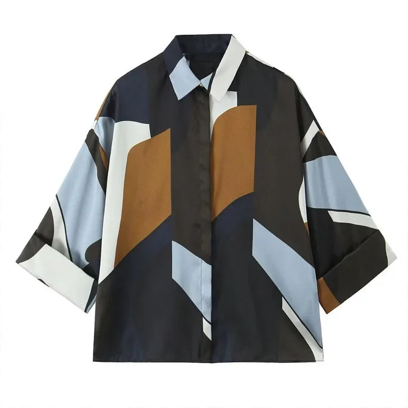 Stylish Women's Satin Texture Geometric Print Shirt, Lapel Collar, Long Sleeve, perfect for Spring and Summer wear.