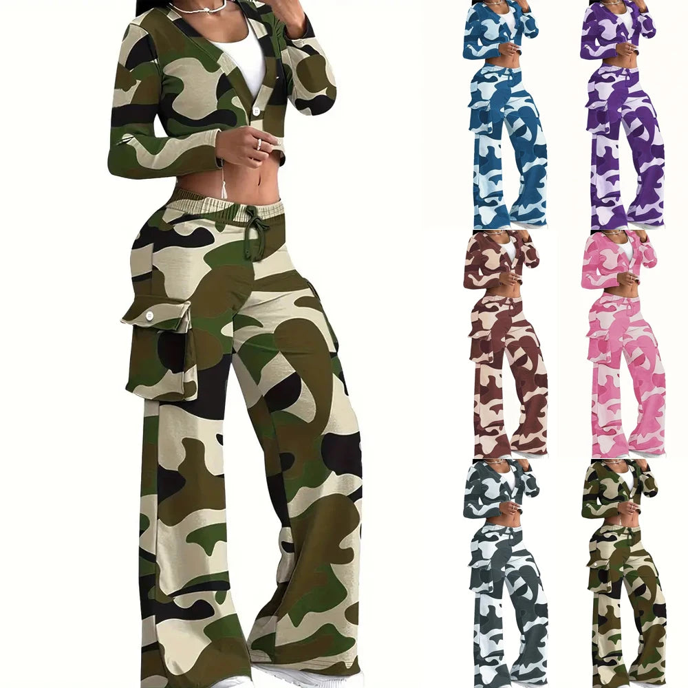 Camo Print Cargo Pants Set For Women With Crop Top And Elastic High Waist Wide Leg Trousers