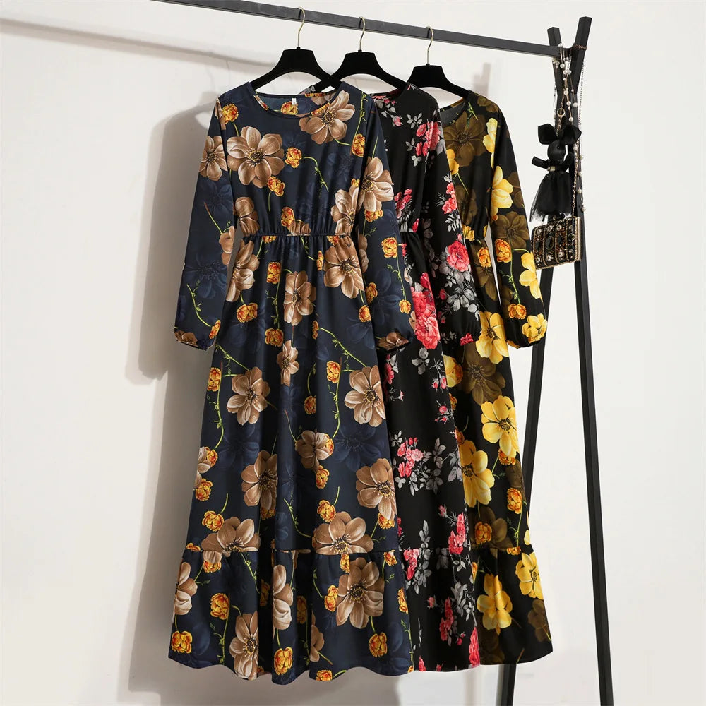 Bohemian Floral Maxi Dress High Waist Chiffon Long Sleeves