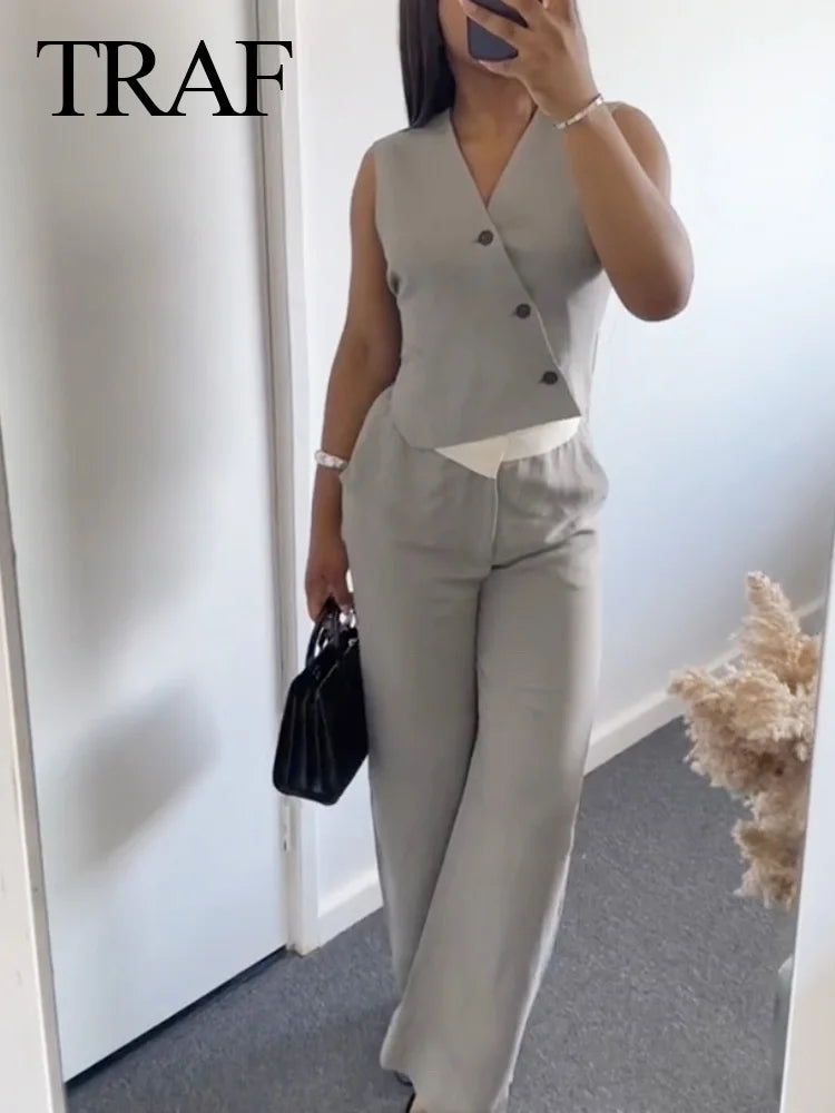 Women’s Solid Grey Two-Piece Set Sleeveless Asymmetrical Vest and High Waist Wide Leg Pants Casual Outfit