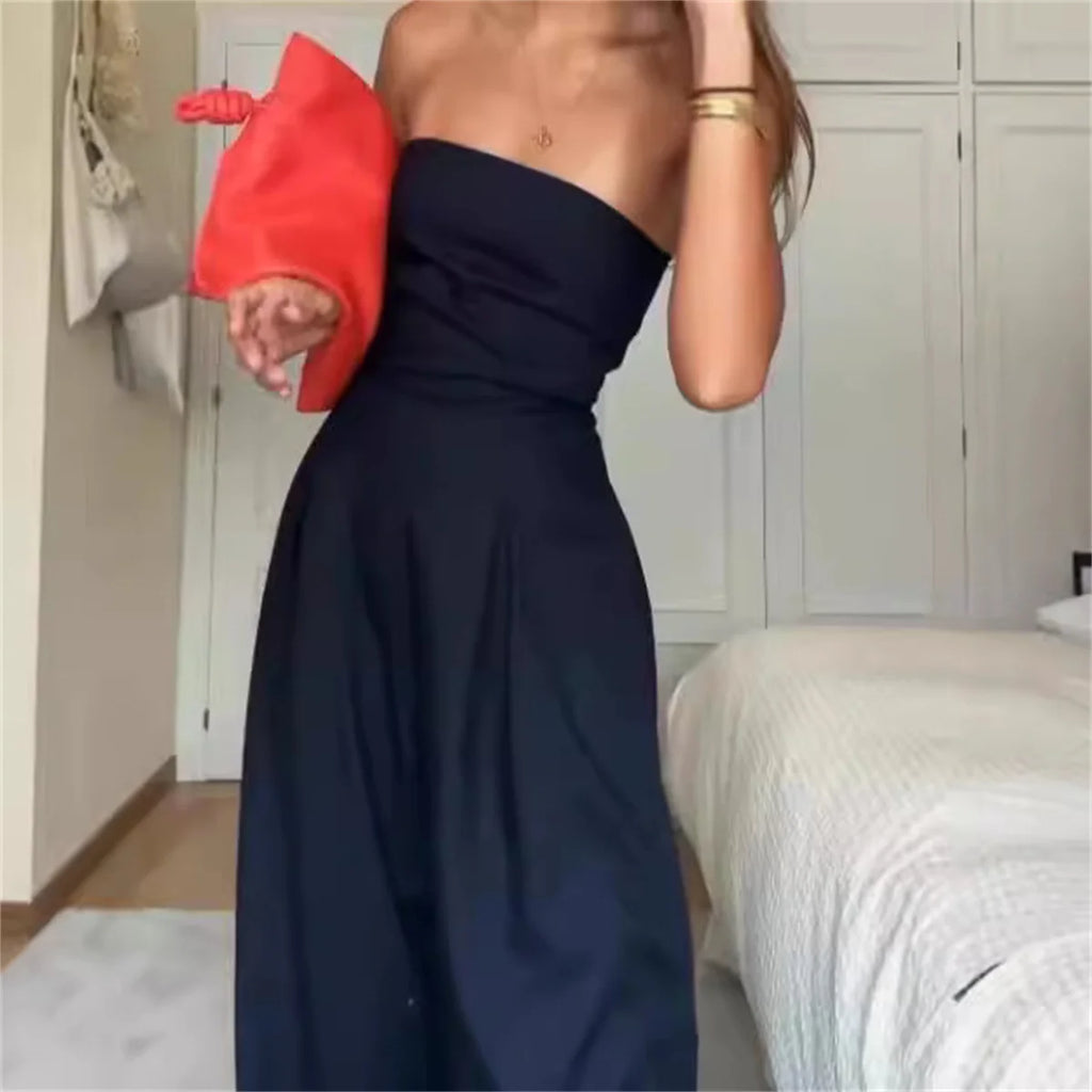Stylish Solid Backless Off Shoulder Jumpsuit for Women, featuring waist cinching and wide leg pants, ideal for summer outings.