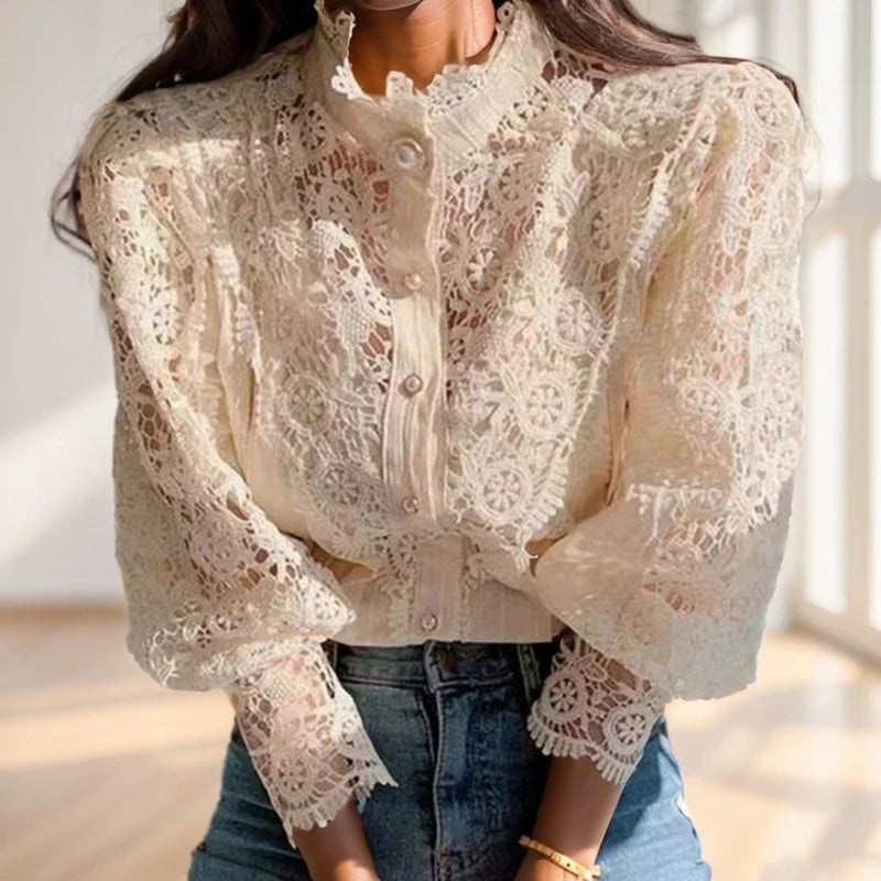 Elegant Women’s Lace Petal Sleeve Blouse with Stand Collar Hollow Out Floral Patchwork Top, perfect for stylish outfits.