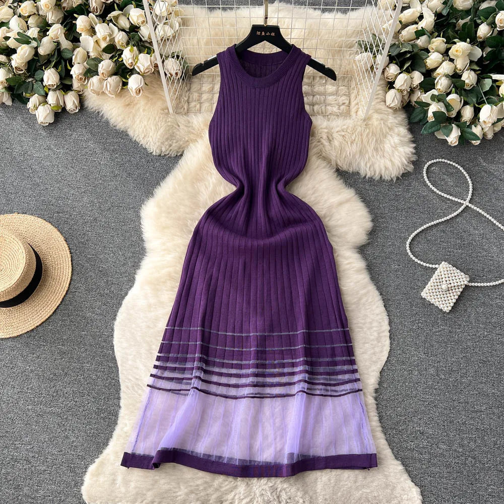 Patchwork Knitted Sundress for Women Mesh Midi Bodycon