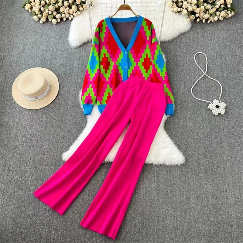 Stylish Casual Elegant Diamond Grid V-Neck Button Down Long Sleeve Top with Elastic Waist and Wide Leg Women's Suit Outfit.