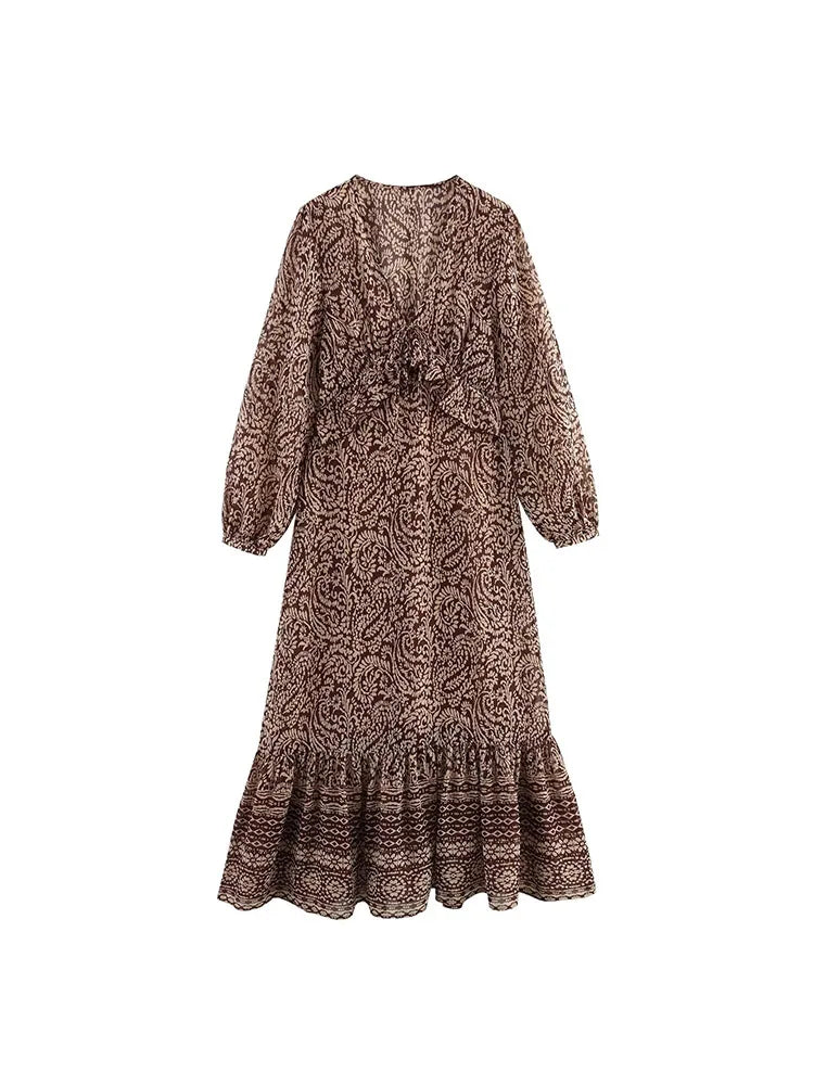 Women Summer Chiffon Vintage Print Midi Dress With Bow