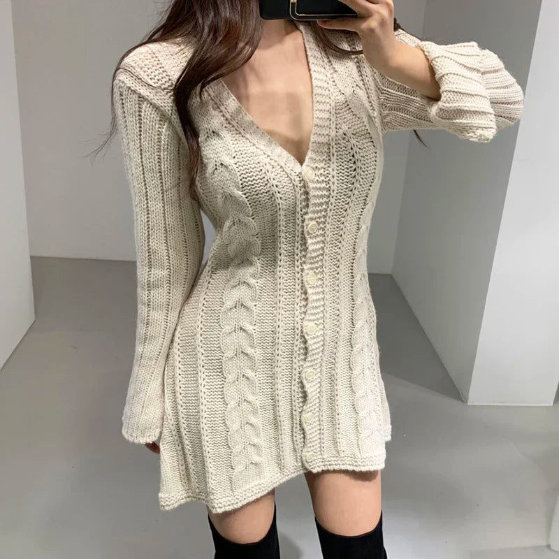 Cable Knit Sweater Dress For Women Long Sleeve Button Down