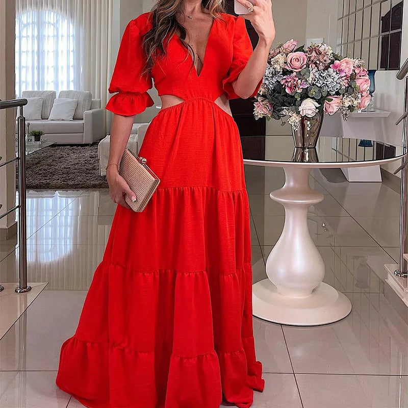 Flare Sleeve Maxi Sundress With Deep V Neck For Women