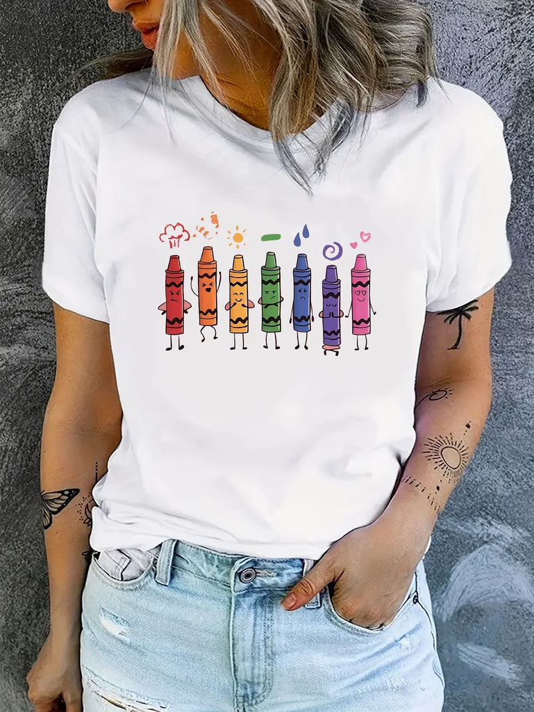 Crayon Print Short Sleeve T-Shirt Casual Crew Neck Summer Top