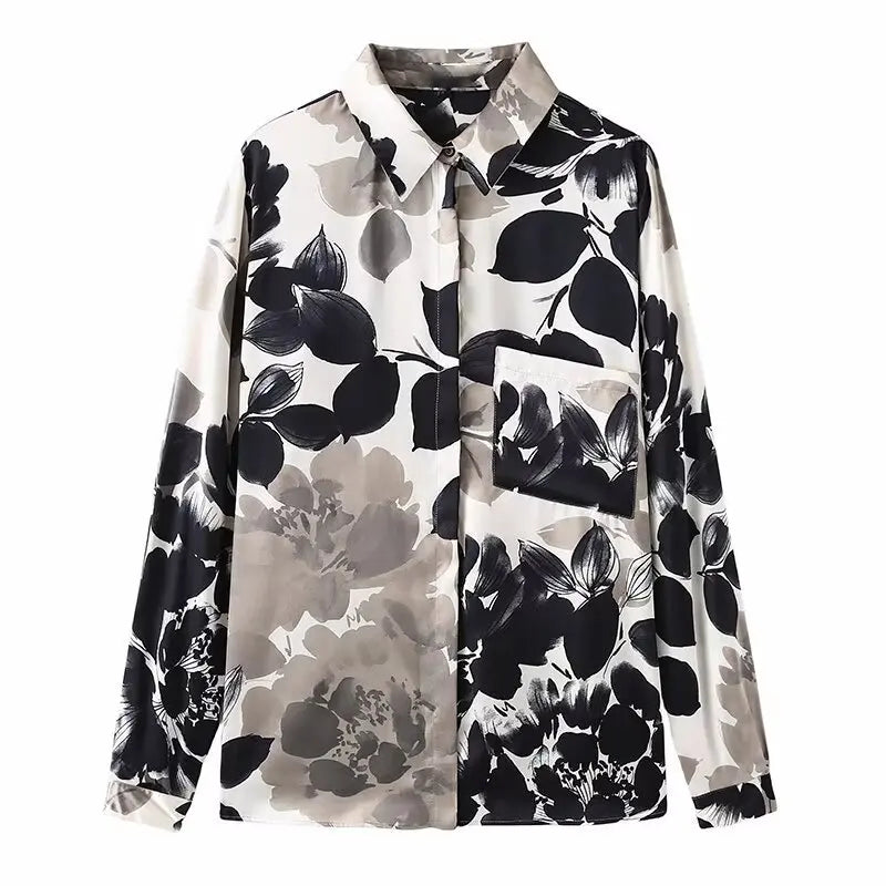 Stylish Women's Satin Textured Printed Shirt Long Sleeve Lapel Single-Breasted Slim Fit Casual Chic Top for Spring and Summer.