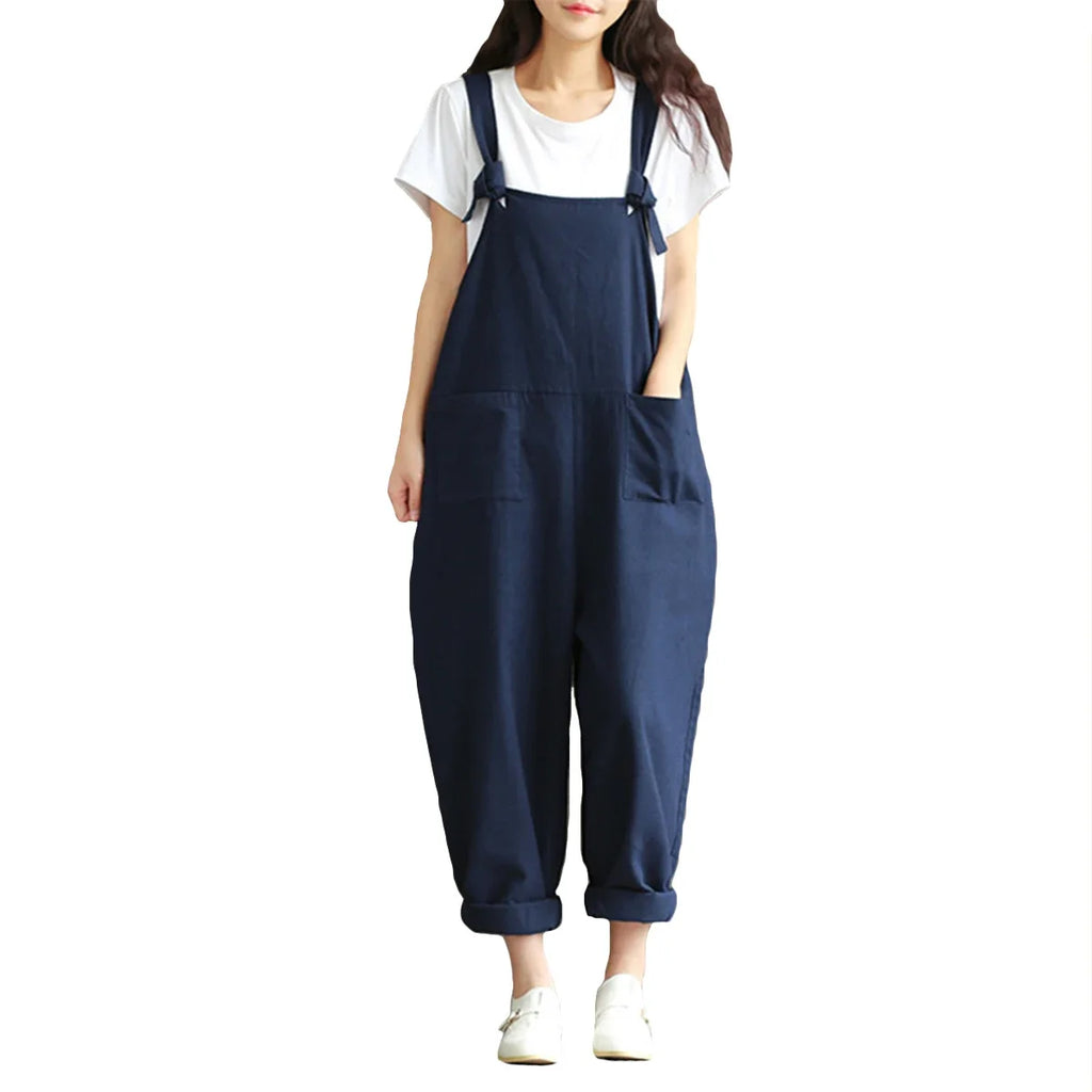 Stylish Casual Loose Fit Solid Strap Jumpsuit with Pockets Women’s Plus Size Harem Dungaree Overalls 5XL for comfort.