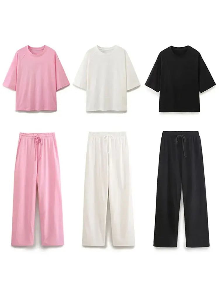 Women's Solid Color Two Piece Trouser Set With Short Sleeve T Shirt Top And Wide Leg Long Pants Casual Wear