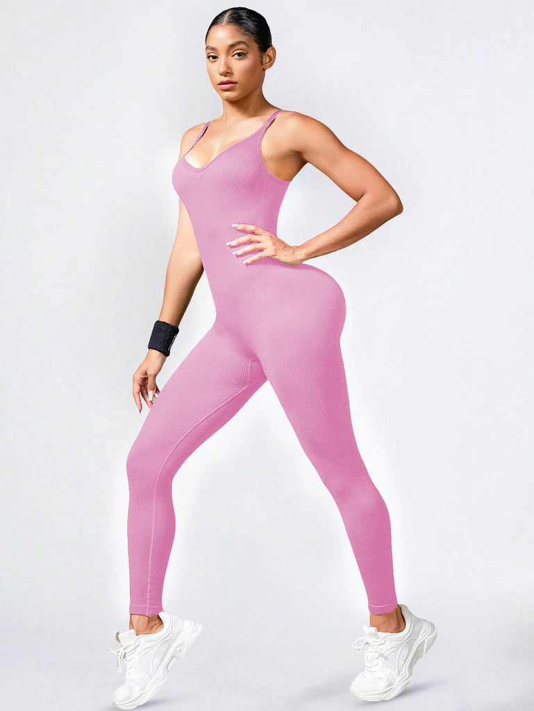 Stylish ladies ribbed sleeveless jumpsuit offers a comfortable, fashionable fit for sports and everyday wear.