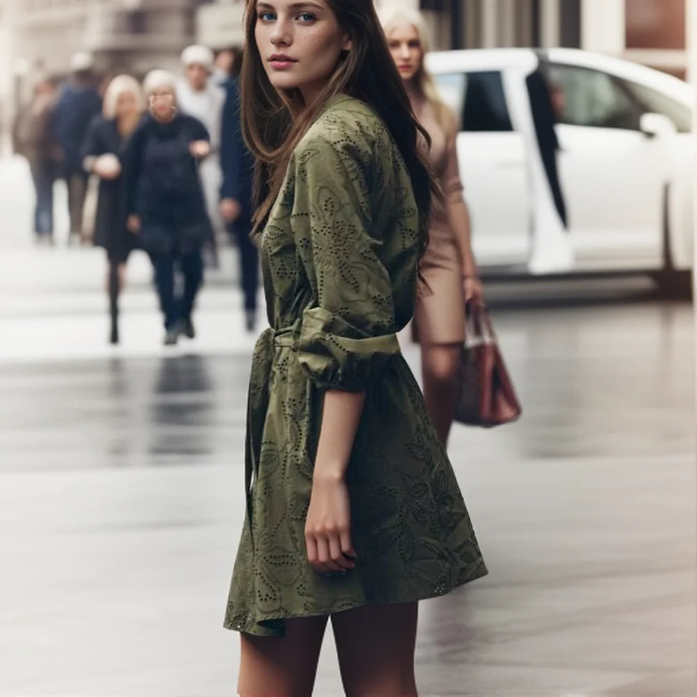 Embroidered Short Dress For Women Elegant Office Casual