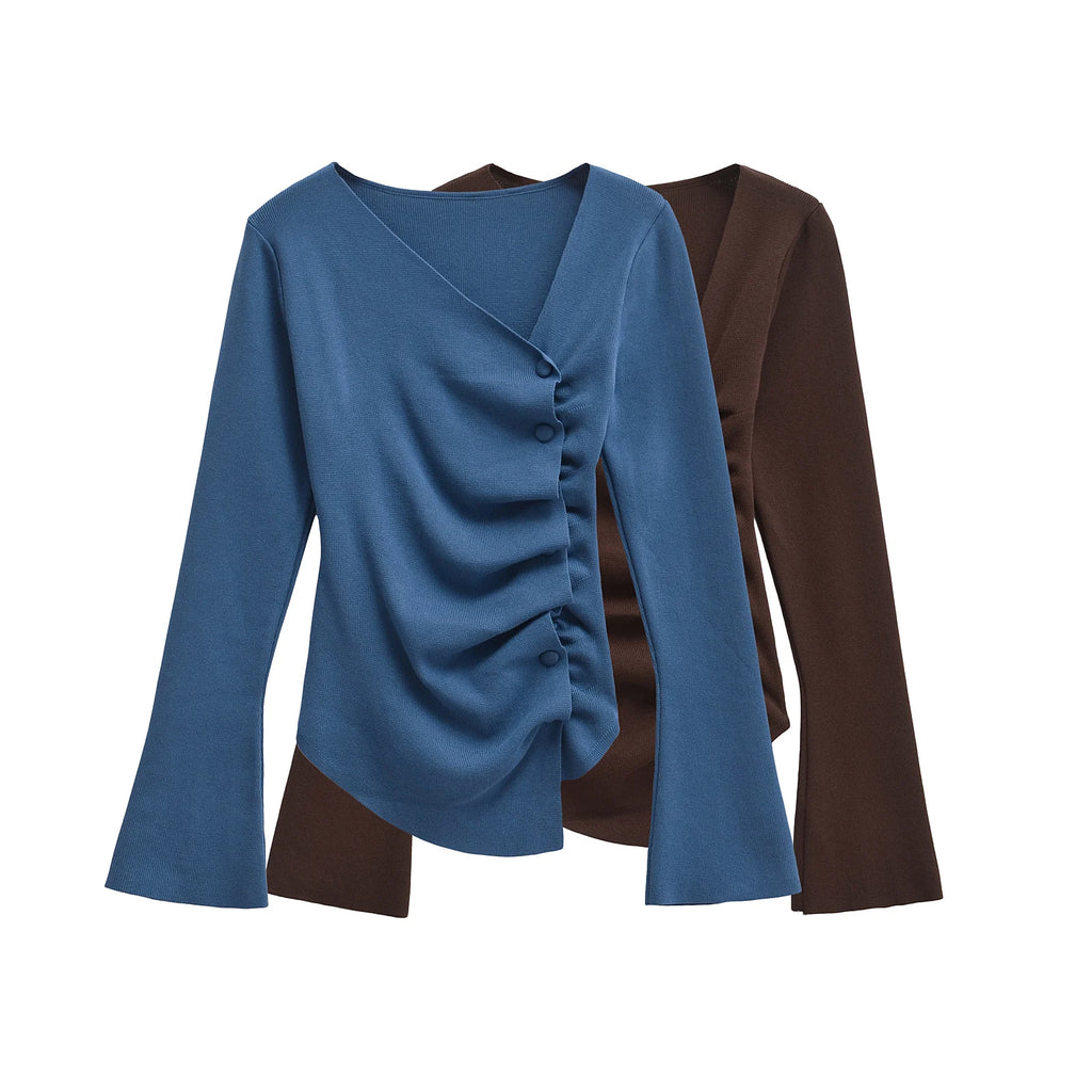 Asymmetrical Blue and Brown Knitted Sweater Women’s Pleated Long Sleeve Autumn Knitwear Elegant Fall Top by TRAFSHE.