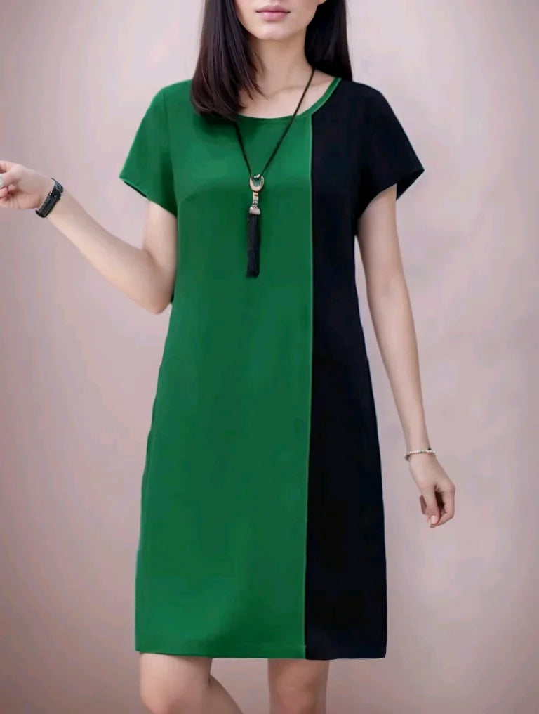 Patchwork Casual Knee Length Dress Women Round Neck Summer