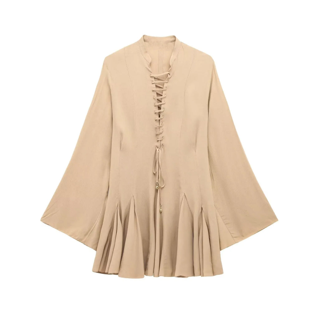 Womens Lace Up Mini Dress With Flared Sleeves Pleated