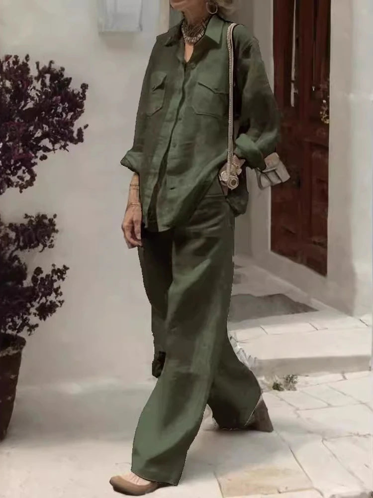 Stylish Women’s Elegant Two-Piece Set Featuring Flip Collar Pocket Shirt and Wide Leg Pants in Solid Color Summer Fashion.