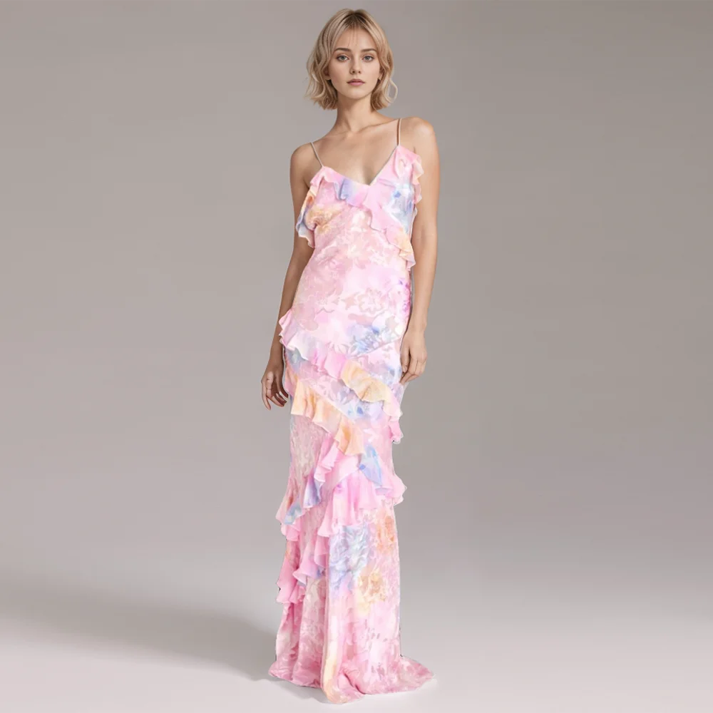 V Neck Sleeveless Backless Long Dress With Ruffles For Women