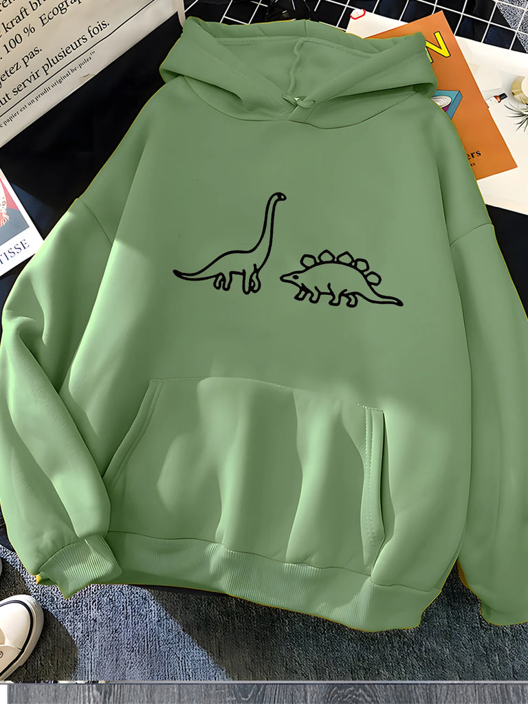 Kawaii Dinosaurs Print Hoodie For Women Casual Fleece