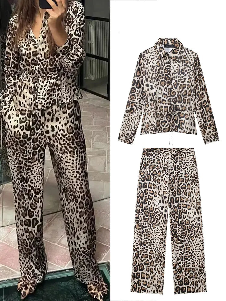 Chic Animal Print Button-Up Shirt and High Waist Zip Pants Set for Women, perfect for stylish everyday wear.