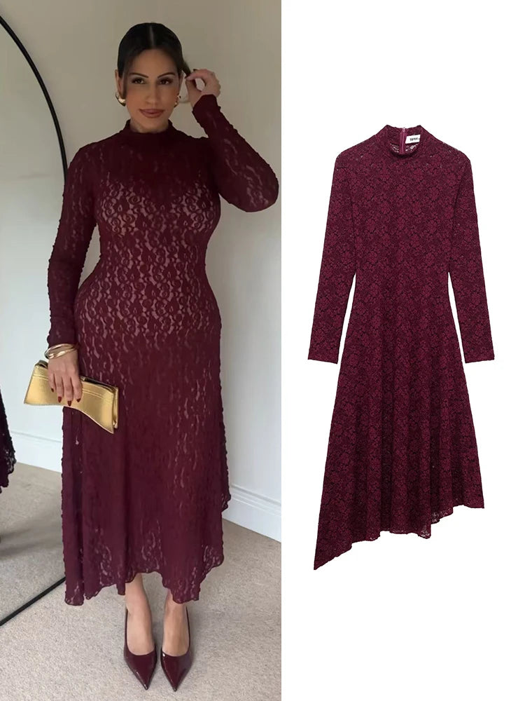Lace Midi Dress Solid Hollow Out Asymmetric Long Sleeve