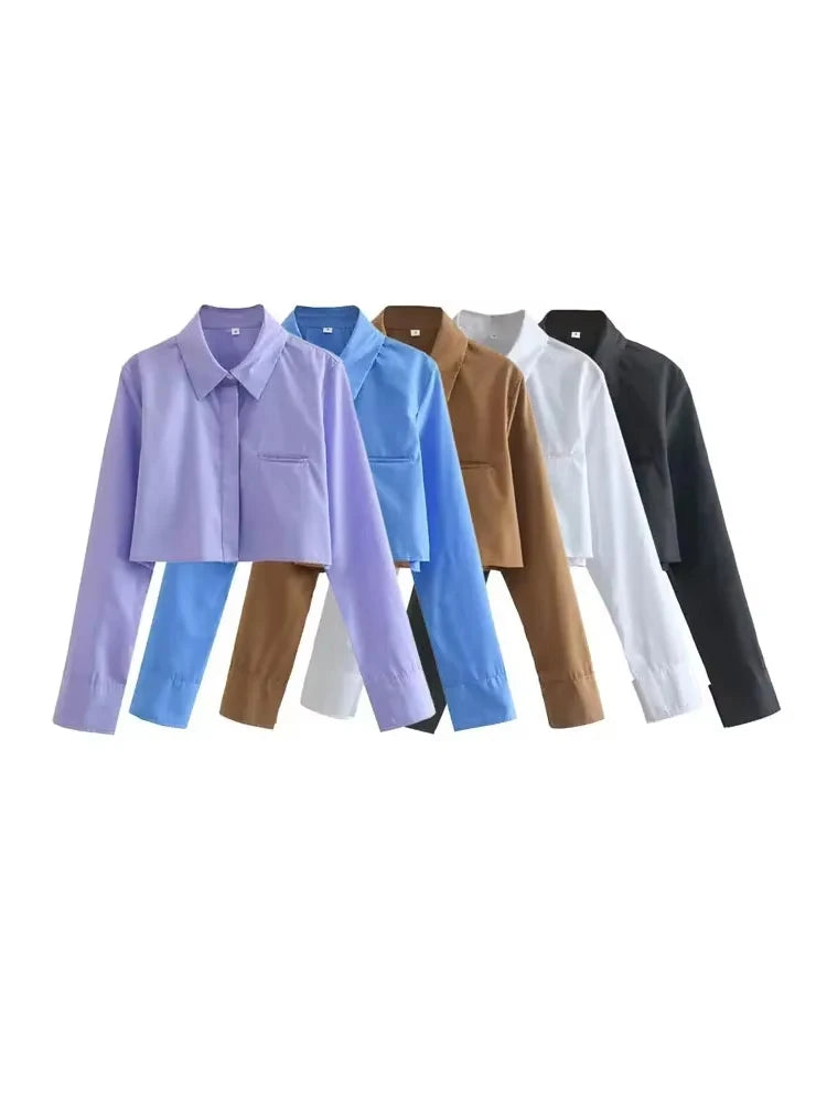 Women's Vintage Loose Cropped Shirt Long Sleeve Front Button Blouse Chic Casual Top in various colors by TRZA.
