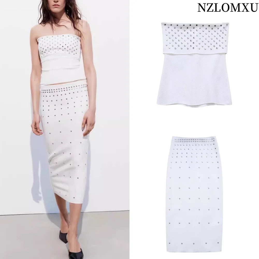 Rivet Decorated Knit Sleeveless Top and Midi Skirt Set