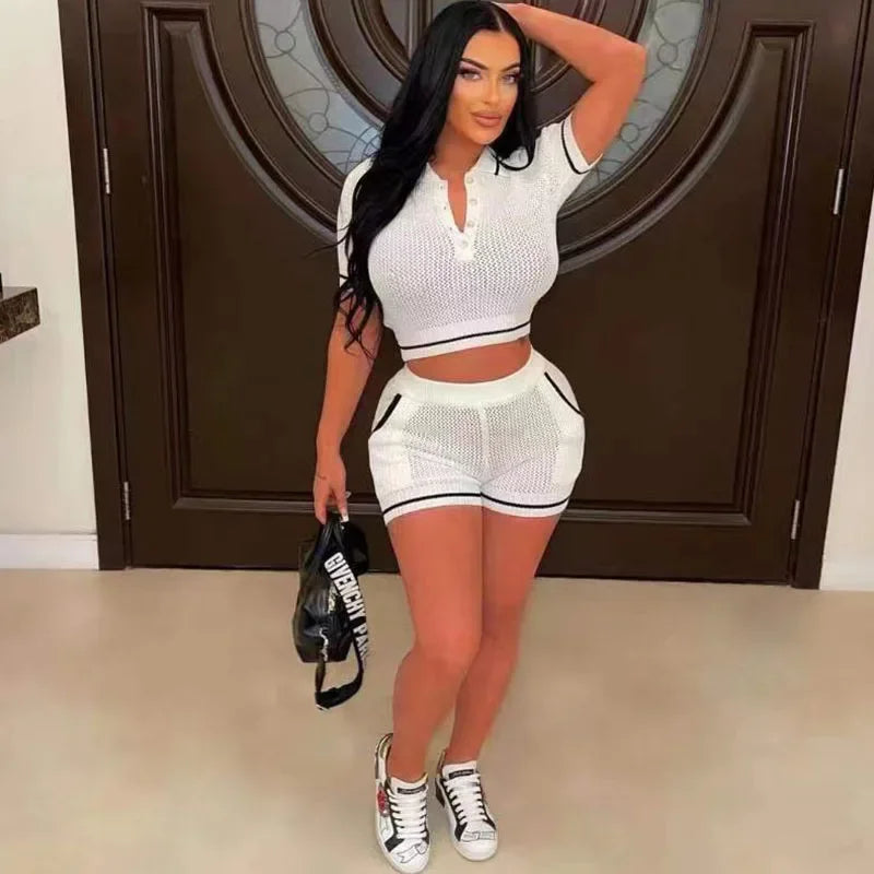 Stylish Knitted Sheer Striped Two Piece Summer Set for Women Crop Top and Shorts Matching Sportswear Sweatsuit showcased.