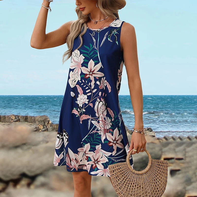 Blue Floral Boho Beach Dress Sleeveless Crewneck Casual