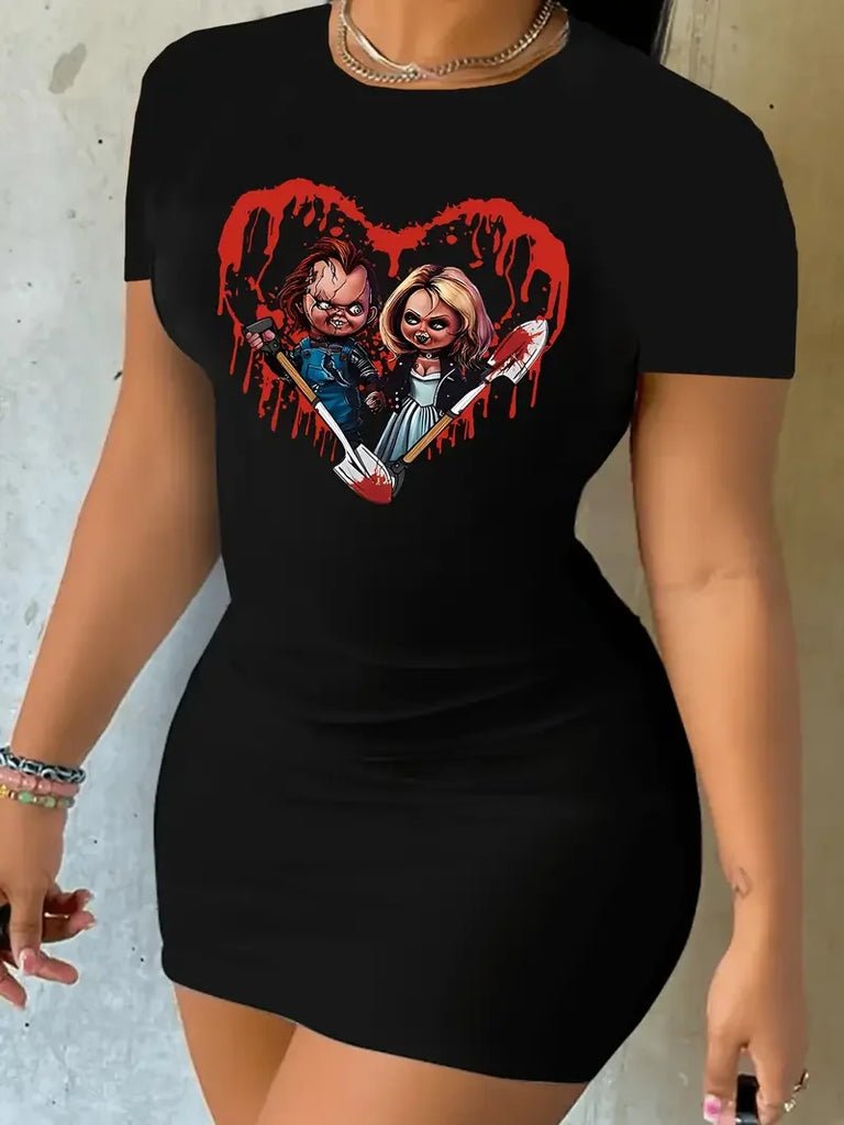 Bodycon Dress With Heart And Cartoon Print For Summer