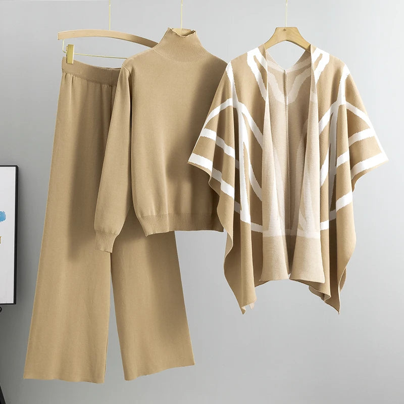 Women Knitted Autumn Winter Three Piece Set With Pullover Sweater Stripe Shawl And Wide Leg Pants Outfit