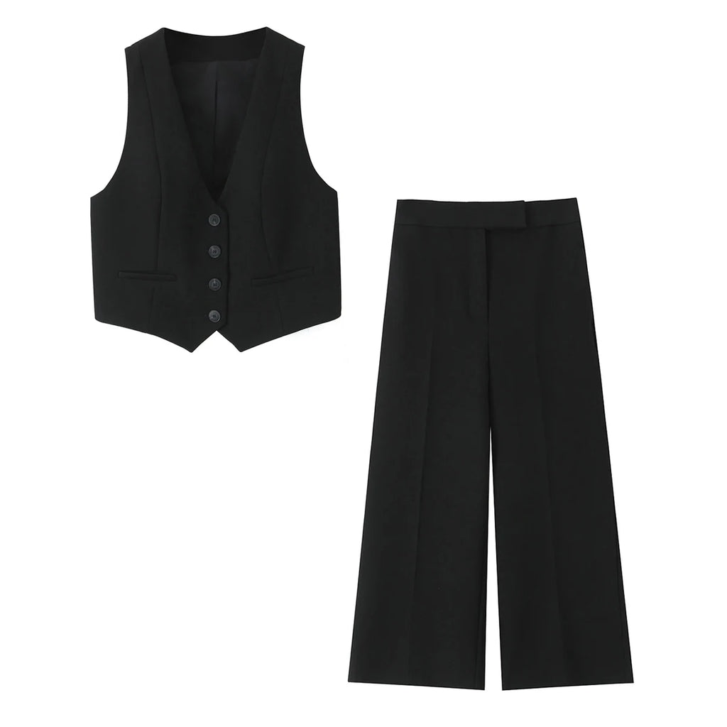 Stylish DUOPERI Women’s Chic Two-Piece Set Black V-Neck Tank Top and Wide Leg Pants for casual comfort and elegance.