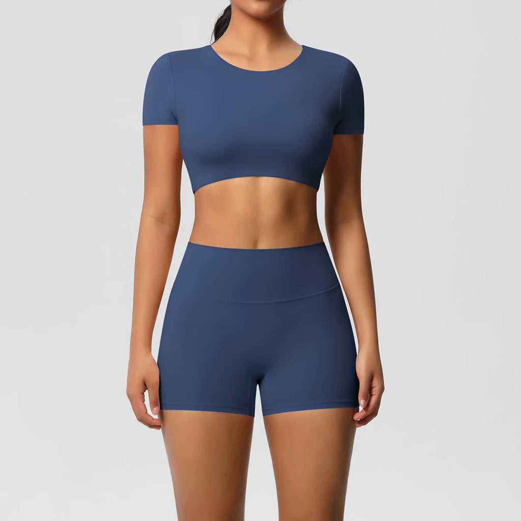 Stylish 2PCS Women’s Fitness Yoga Set High Waist Shorts with Short Sleeve Gym Top perfect for activewear enthusiasts.