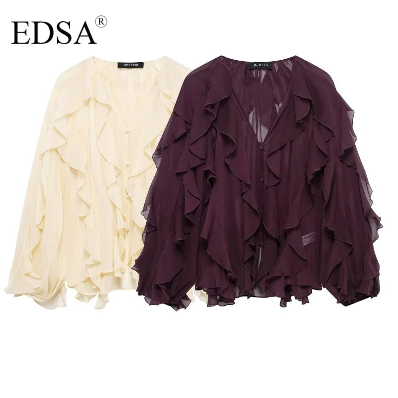 Elegant Semi-Sheer Ruffle V-Neck Blouse for Women Long Sleeve Button-Up, perfect for spring and summer by EDSA.