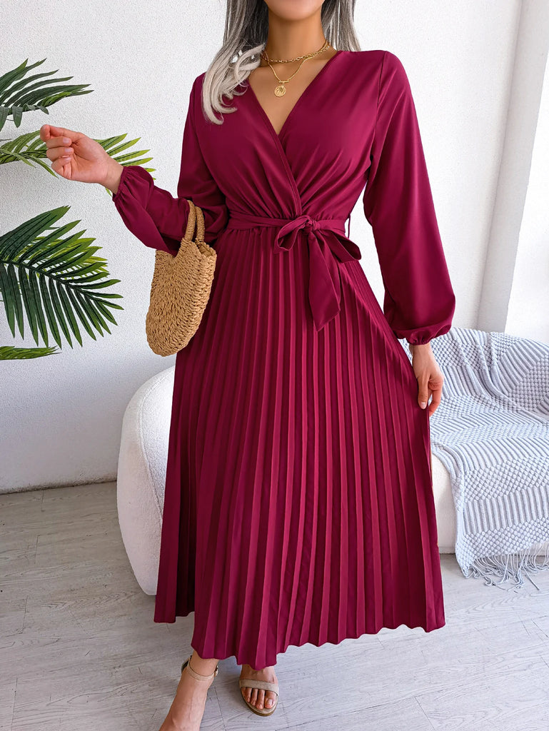 Elegant Surplice Neck Pleated Maxi Dress With Belt Flair